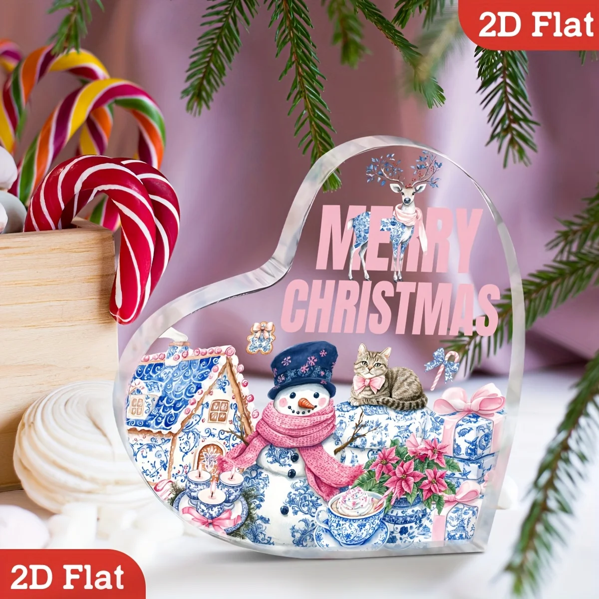 Blue and White Porcelain Christmas Fusion Style Heart-Shaped Acrylic Desktop Decorative Ornament, Featuring Blue and White Porcelain Texture with a Deer, Snowman, and Gingerbread House + Soft Pink Contrast Accents + Calico Cat Pattern +