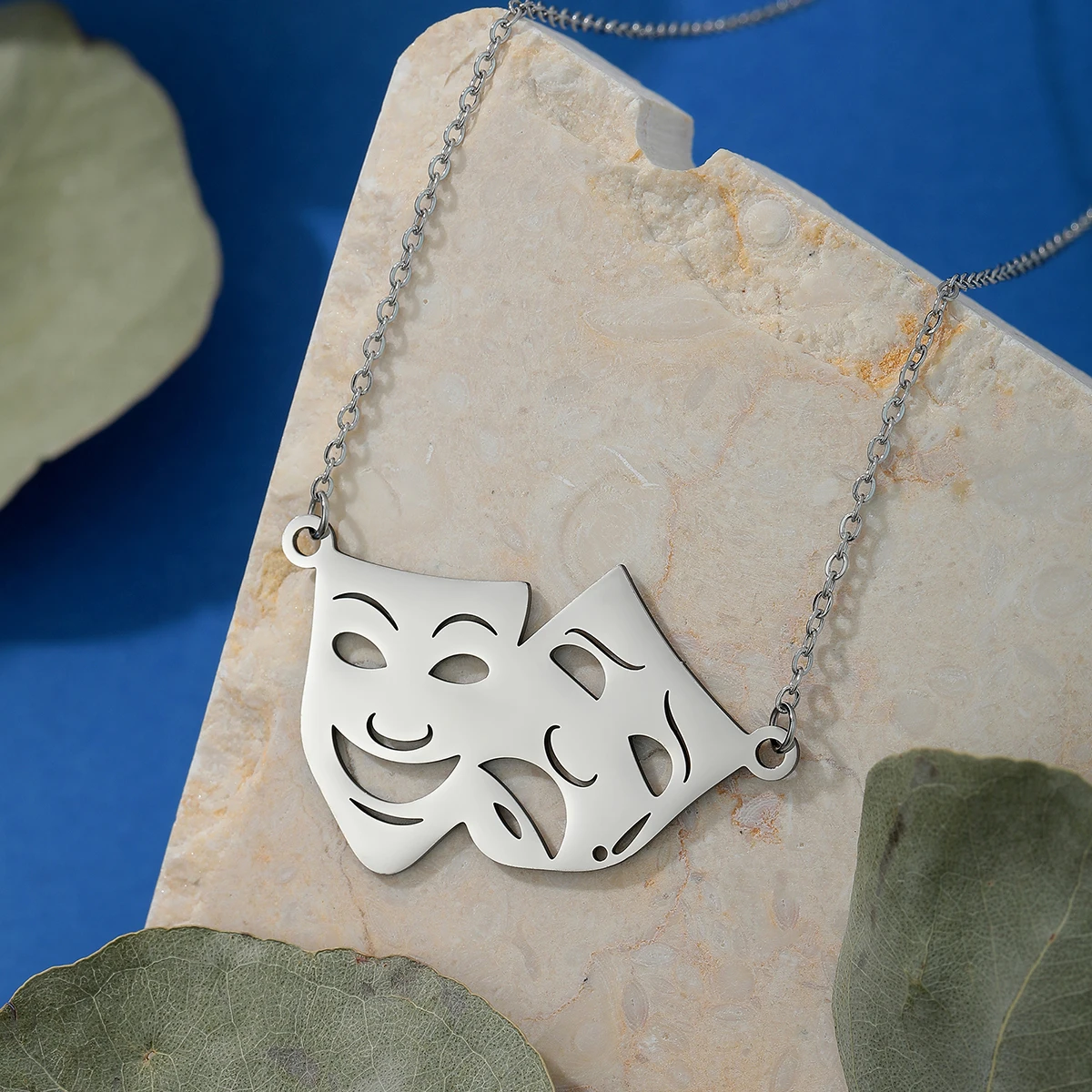 QIAMNI Stainless Steel Comedy and Tragedy Mask Pendant Necklaces for Women Men Theatre Drama Performing Arts Jewelry Choker