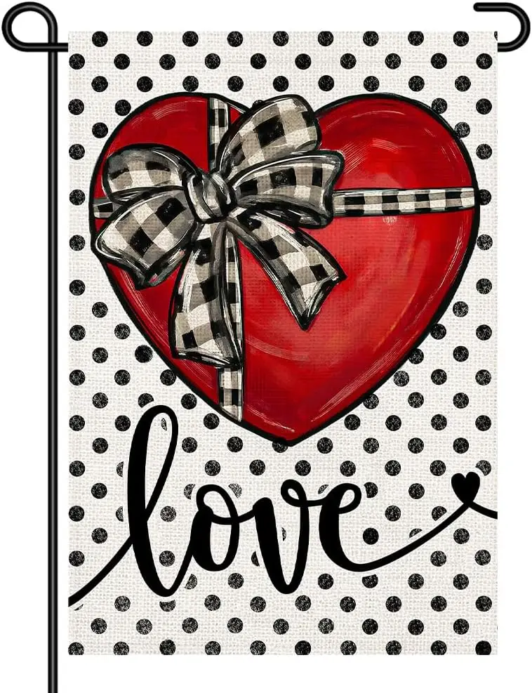 Valentines Day Garden Flag for Outside 12x18 Inch Double Sided, Red Heart with Black Buffalo Plaid Bow and Polka Dots Love Y uui