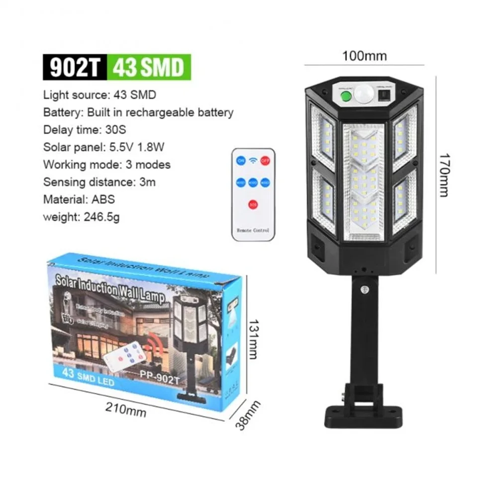 야외 태양광 거리 벽 조명 센서, PIR 모션 LED 램프, 리모컨 정원-43SMD