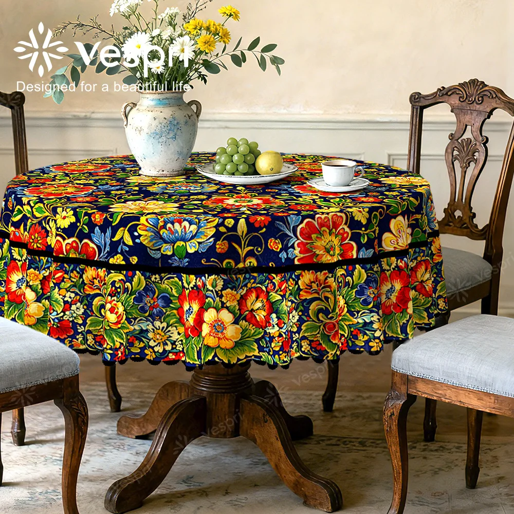 Vespri Spring Tablecloth, Blue Red Decor, Fruits And Flowers, Rustic Style, Family Gathering, Round Rectangle Oval Shape, for Spring Summer Dining Party Festival Outdoor