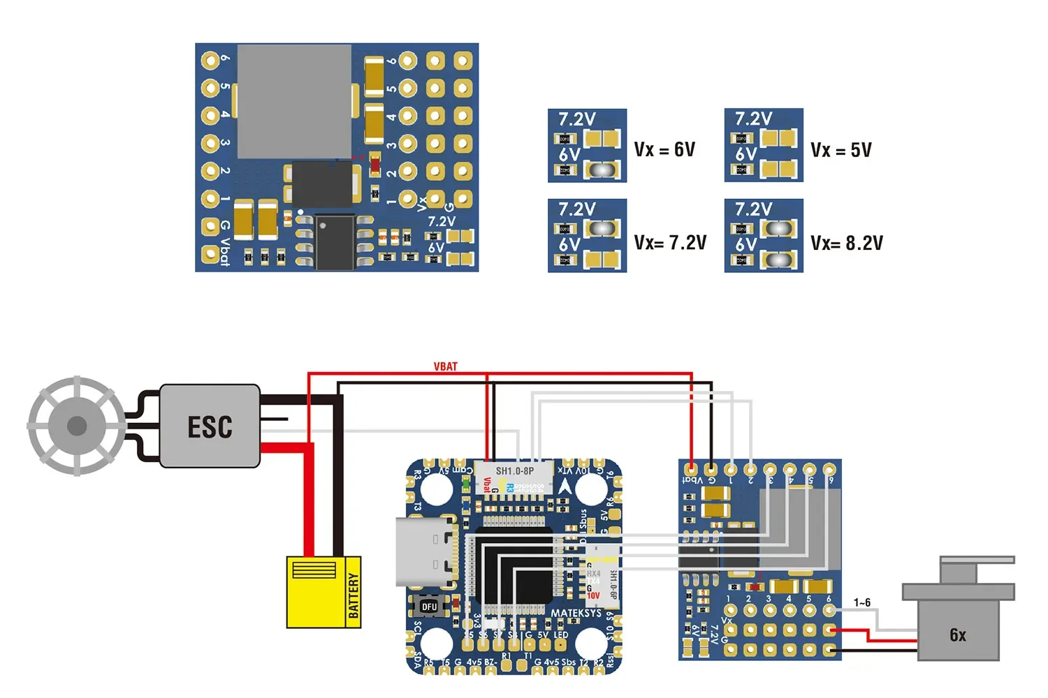 MATEKSYS SVPDB-8S serwo PDB z tablica rozdzielcza mocy 4A BEC 5.5-36V do 5-8.2V dla stałopłatowych części serwo samolotu RC FPV