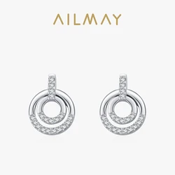 Ailmay 2022 Hot Sale Real 925 Sterling Silver Fashion Round Clear Cz Stud Earrings For Women Luxury Jewelry Valentine's Day Gif
