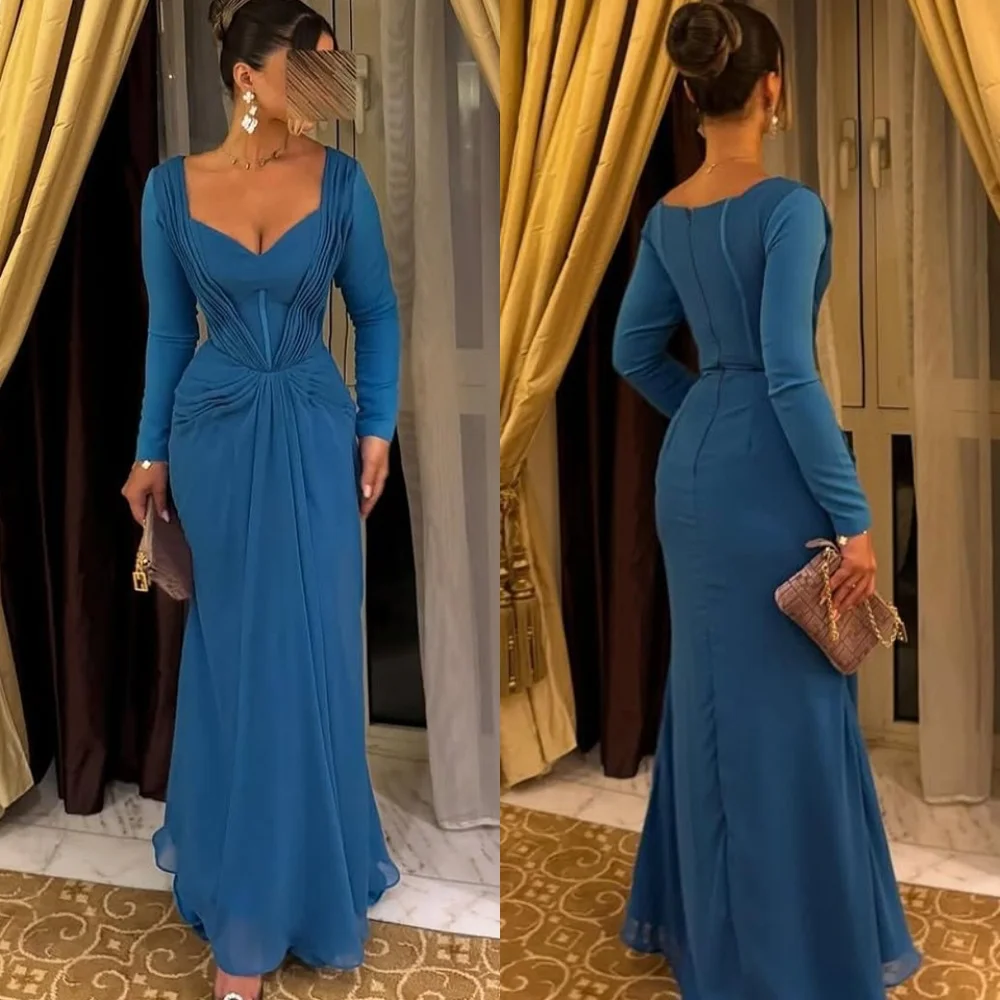 

Customized Simple Blue Chiffon Evening Dress Exquisite V-Neck Long Sleeves Homecoming Dress Luxury Special Occasion Gowns