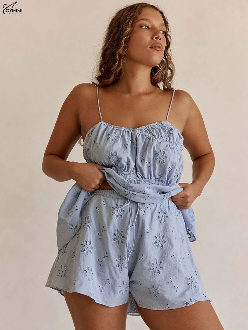 

Oymimi Fashion Blue Cotton Women' S Clothes 2 Piece Sets Elegant Spaghetti Strap Embroidery Shirts And Drawstring Shorts Sets