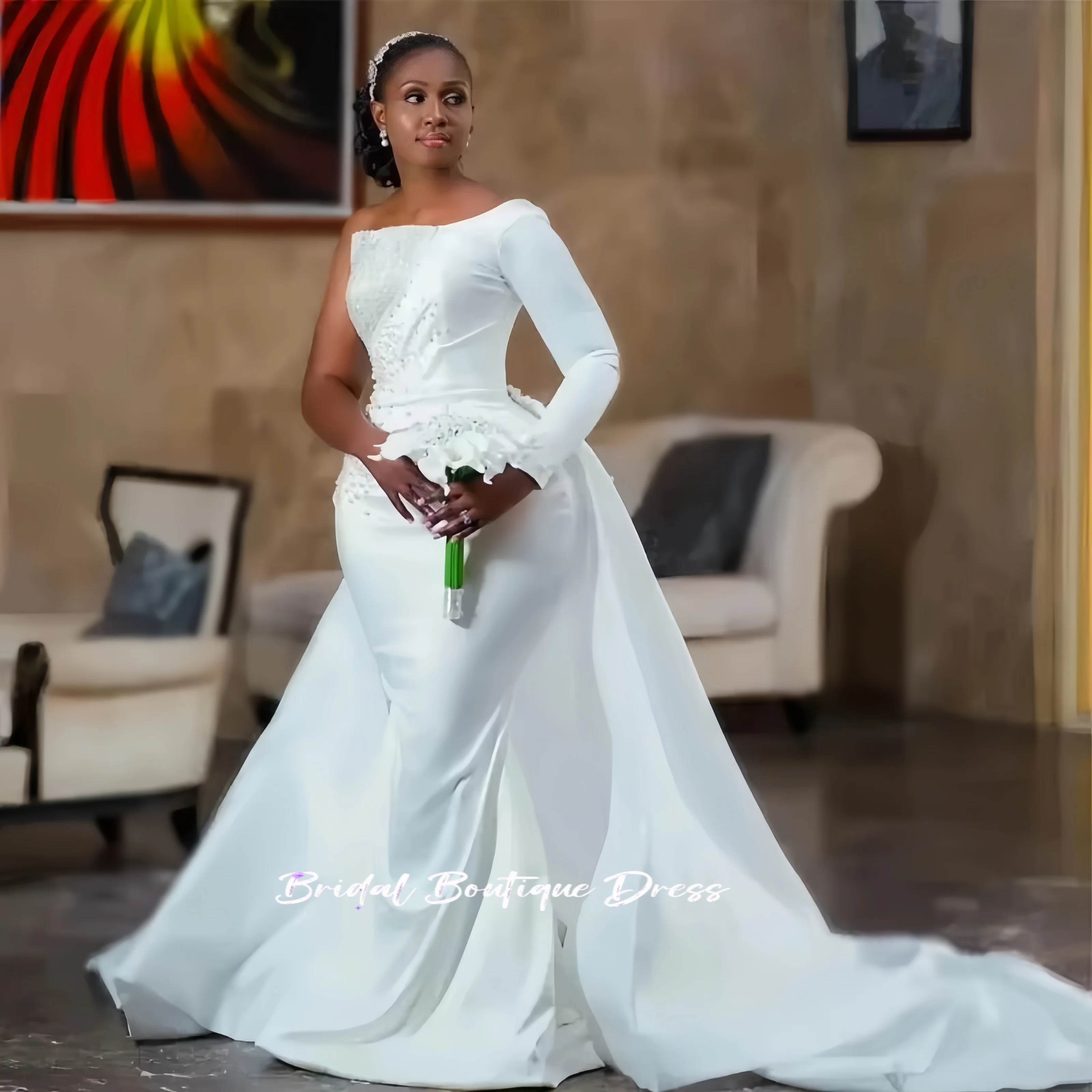 Vestido de novia de sirena Sexy con cuentas elegantes personalizado para novia, tren desmontable, vestido de novia de satén plisado de una sola manga para iglesia