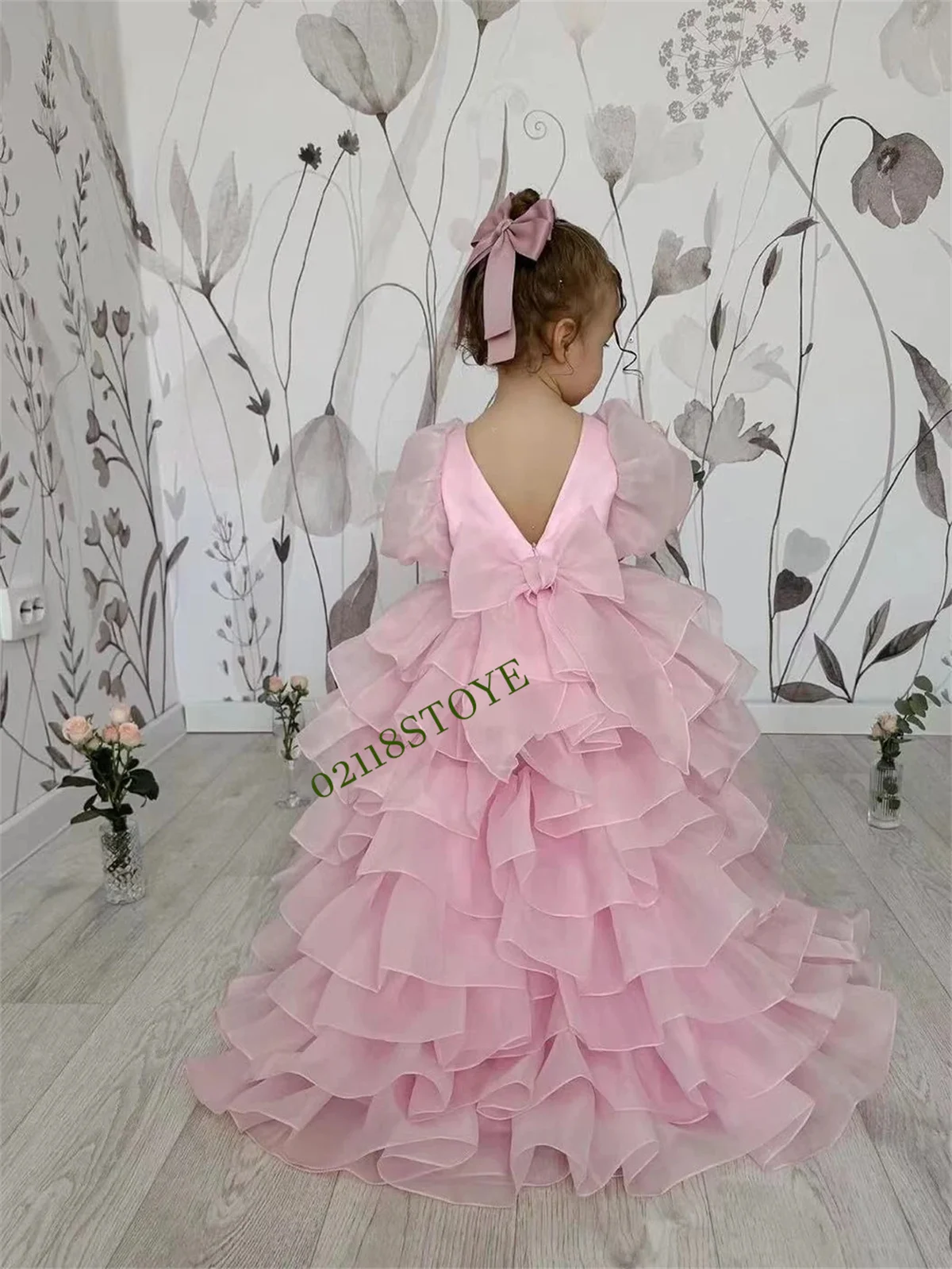 Lovely Flower Girl Dress For Wedding Pink Short Sleeve Layerted Ruffles With Bow Bridesmaid Birthday Celebration Eucharist Dress