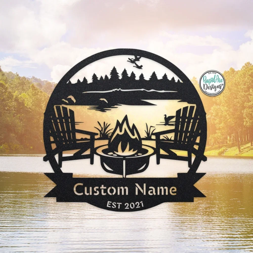 Campsite Monogram LAKE SCENE Personalized Last Name Address Lake House Custom Metal Sign Campfire Decor