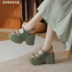 2024 New Summer Women Wedge Sandals High Heels Open Toe Sandals Vintage Anti-slip Leather Casual Female Platform Retro Shoes