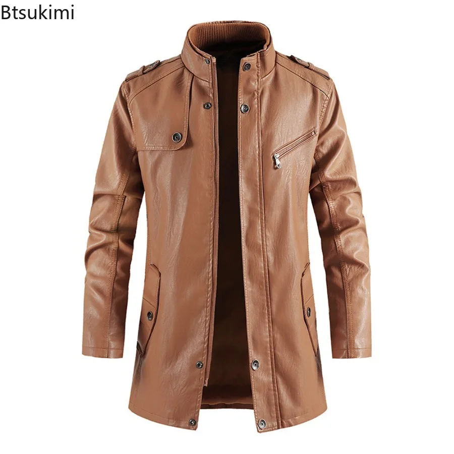 

New Winter Long PU Leather Jackets Men Stand Collar Windbreaker Faux Outerwear Motorcycle Casual Warm Leather Coats Man Clothing
