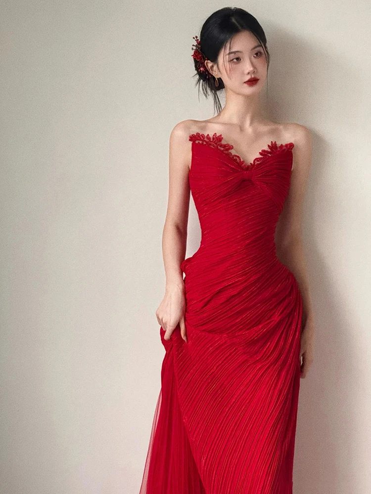 

Red Bridal Gown Ele Fi Tail Wedding Dr for Engagement And Wedding Celebration Long Evening Gown with Strap