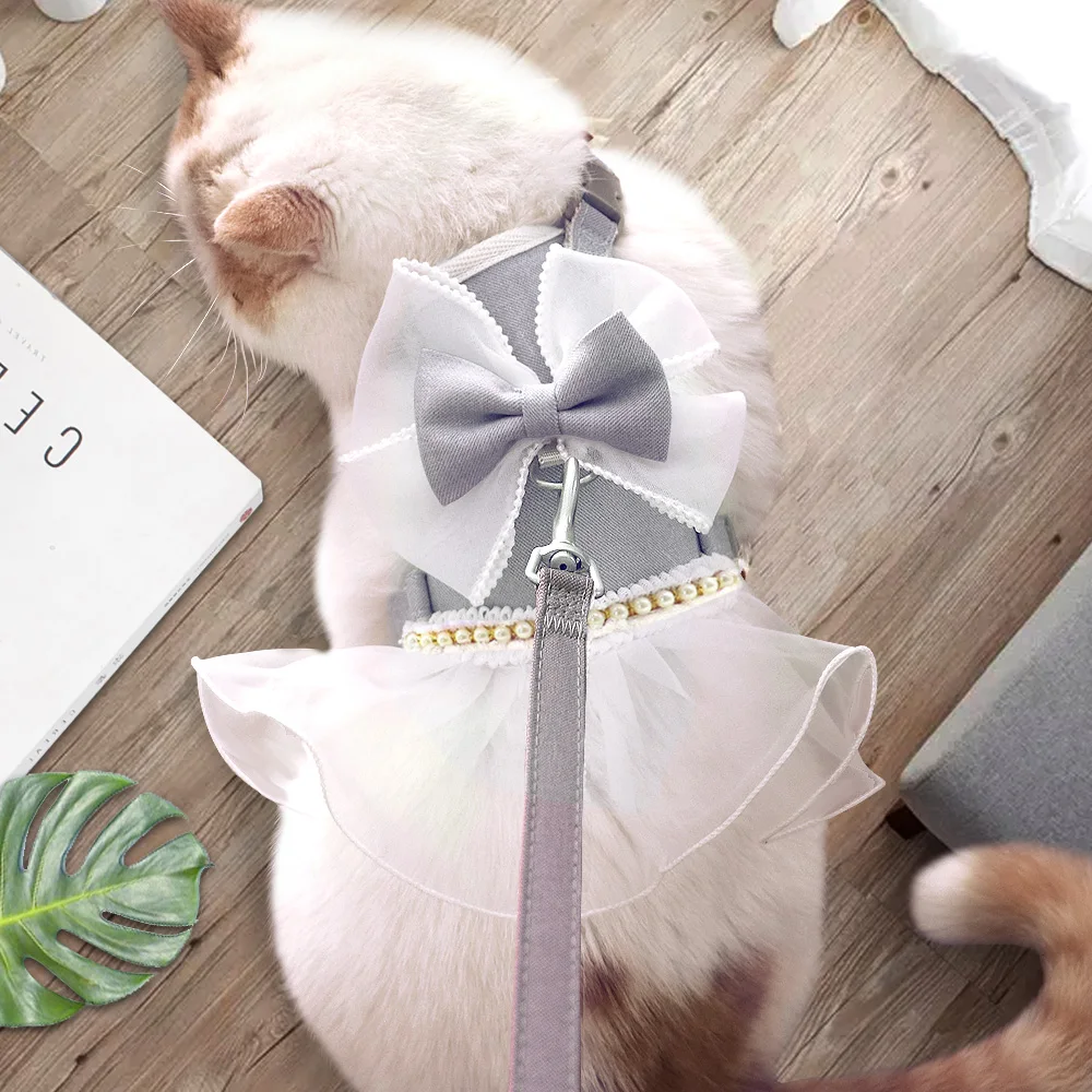 Cute Bowknot Cat Harness Leash Princess Cat Dress Costumes Nylon Kittten Dress Puppy Harness For Chihuahua Teddy Cats Clothes