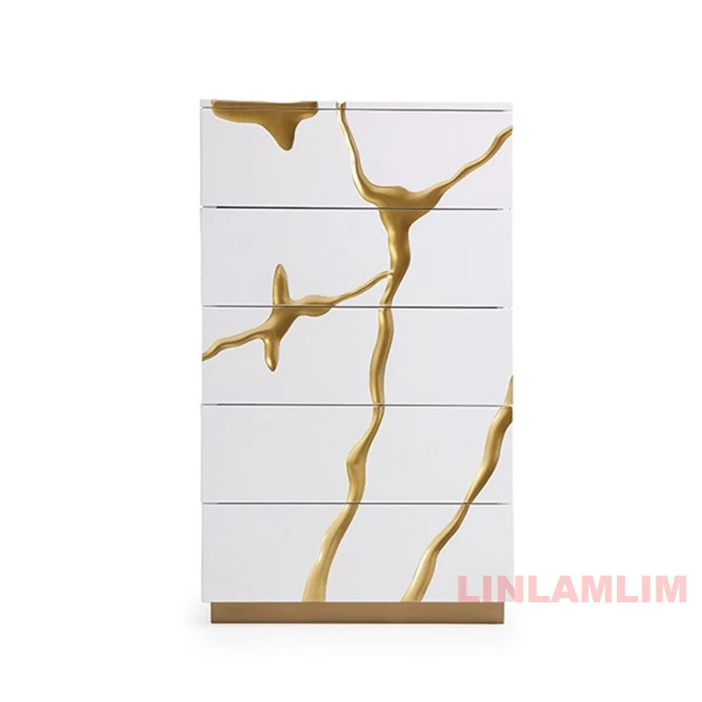 Modern Sideboard with Gold Abstract Design, White High Gloss Storage Cabinet with Multiple Drawers, Dining Room Console Table