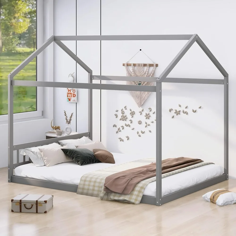 Queen Size Wooden House Bed Frame for Boys Girls Kids Adults Toddler with Headboard,Gray