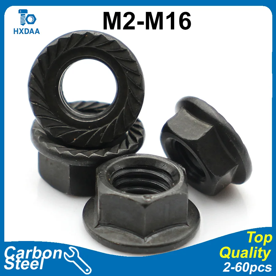 2-20pcs M2 M2.5 M3 M4 M5 M6 M8 M10 M12 M16 Carbon Steel Hex Flange Nuts Serrated Flange Lock Nut Anti Loosening Fasteners