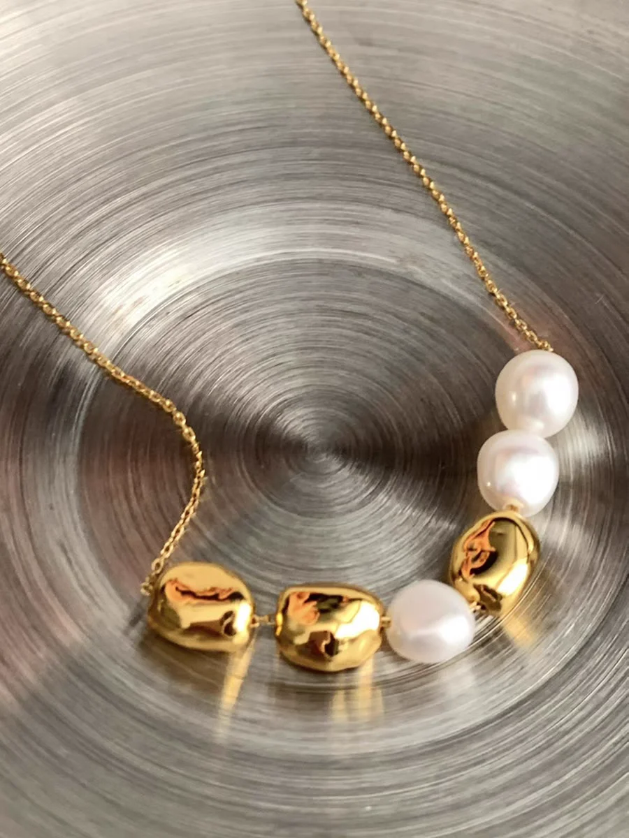 

Brass Natural Pearl Beads Necklace Women Jewelry Punk Party T Show Gown Runway Korean Japan INS