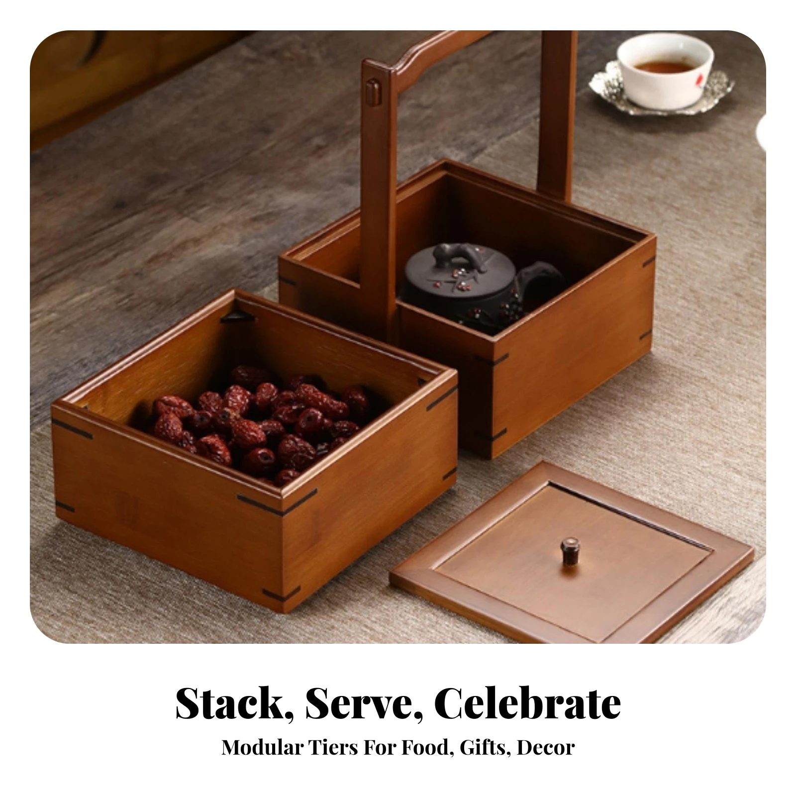 Double-Layer Carrying Box Portable Bamboo Box with Handle for Hosts, Picnics, Tea Time