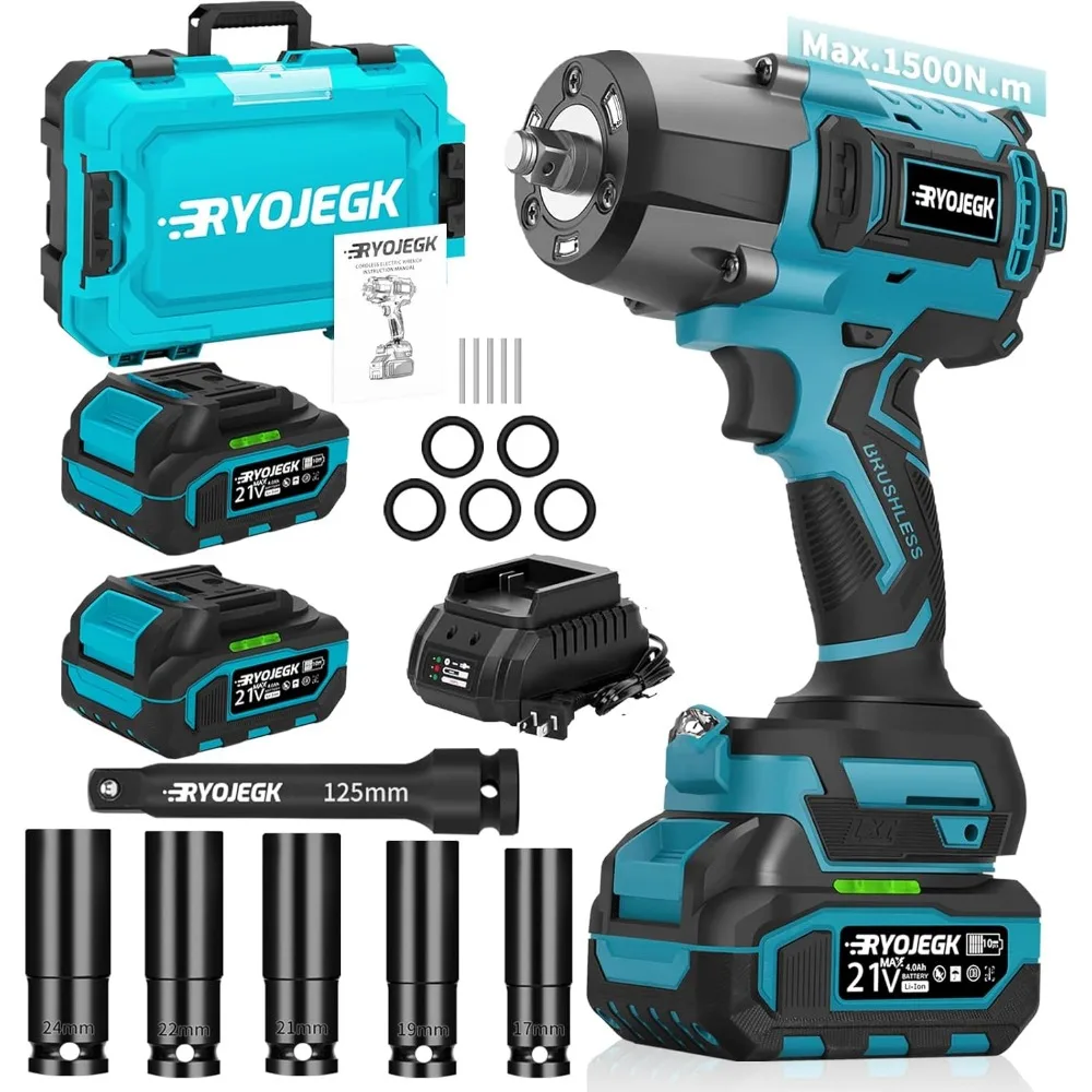 

1500N.m Impact Wrench,1107Ft-lbs 1/2" Cordless Impact Gun,High Torque Brushless Power Impact Driver 3-Mode Speed with 2×4.0Ah Ba