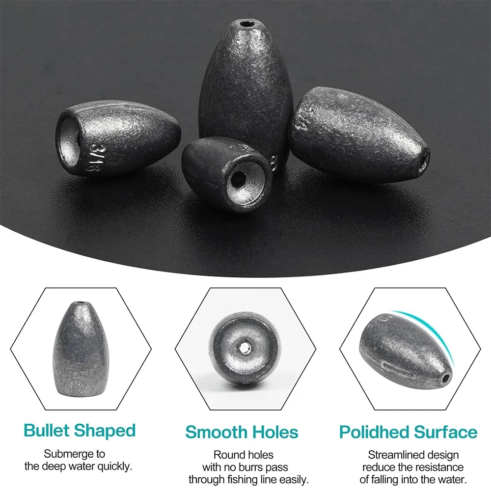 40Pcs Fishing Weight Sinkers Flipping Weights Bass Fishing Worm Sinkers Bullet Fishing Sinker Weights for Texas Rig Carolina Rig