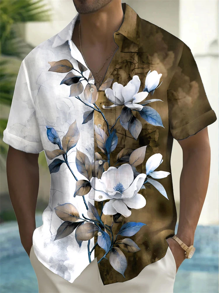 3D printed flowers men's short-sleeved casual shirt men's spring and autumn trendy shirt casual party club clothing