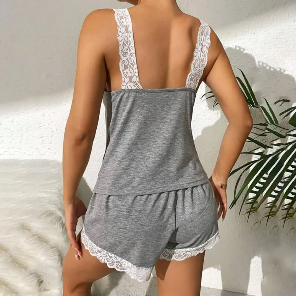 Summer 2pcs Pajama Set for Women Sleepwear Lace Trim V Neck Sleeveless Tank Top Elastic Waist Shorts Set Homewear Lounger