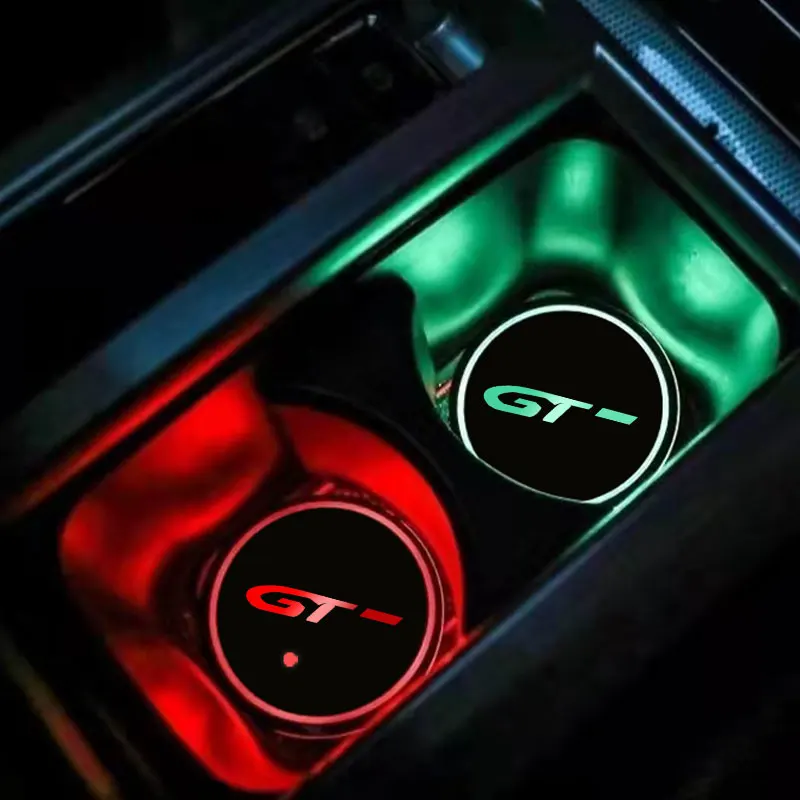Car Logo Led Atmosphere Light 7 Colorful Cup Luminous Coaster Holder For Peugeot GT - Stinger 2011-2019 2020 2021 Accessories