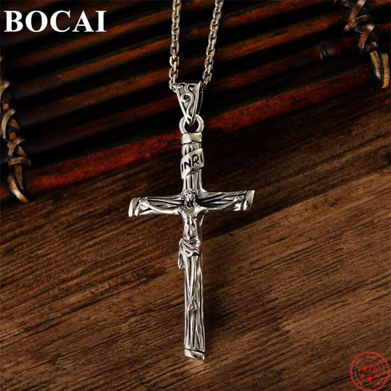 BOCAI S925 Sterling Silver Pendants for Women Men New Fashion Jesus Crucifixion Cross Amulet Retro Old Jewelry Free Shipping