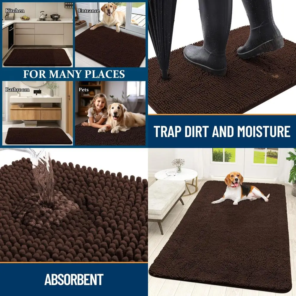 

Muddy Paws Solution: 59x35 Absorbent, Non-Slip, Washable Door Mat for Dogs, Quick-Dry Chenille Mat, Brown