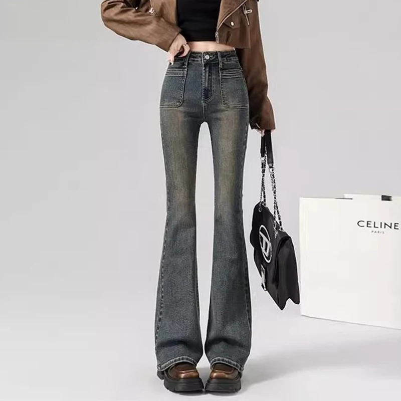 

Женские шикарные тонкие расклешенные джинсы с высокой талией для девочек, узкие тонкие брюки-клеш, женские модные прямые джинсовые брюки в стиле ретро