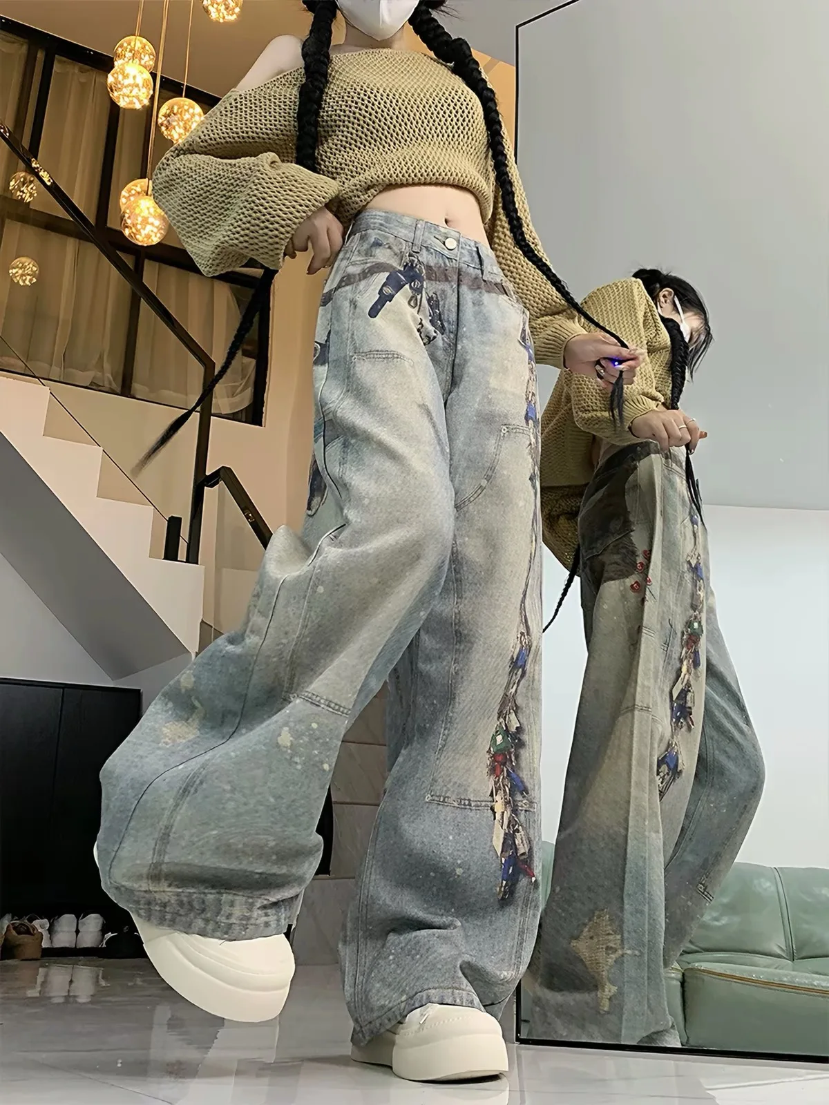 American Style High Waist Wide Leg Pants Women's Loose Drapey Knife  Jeans Student Fashion Floor Length Trousers
