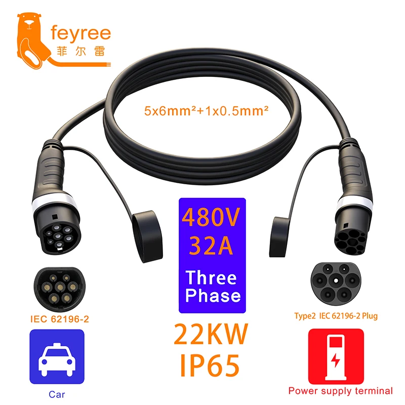 feyree Type2 Female to Male Plug EV Charging Cable 16A 11KW 32A 22KW 3Phase Electric Car IEC62196 Cord for Charger Station