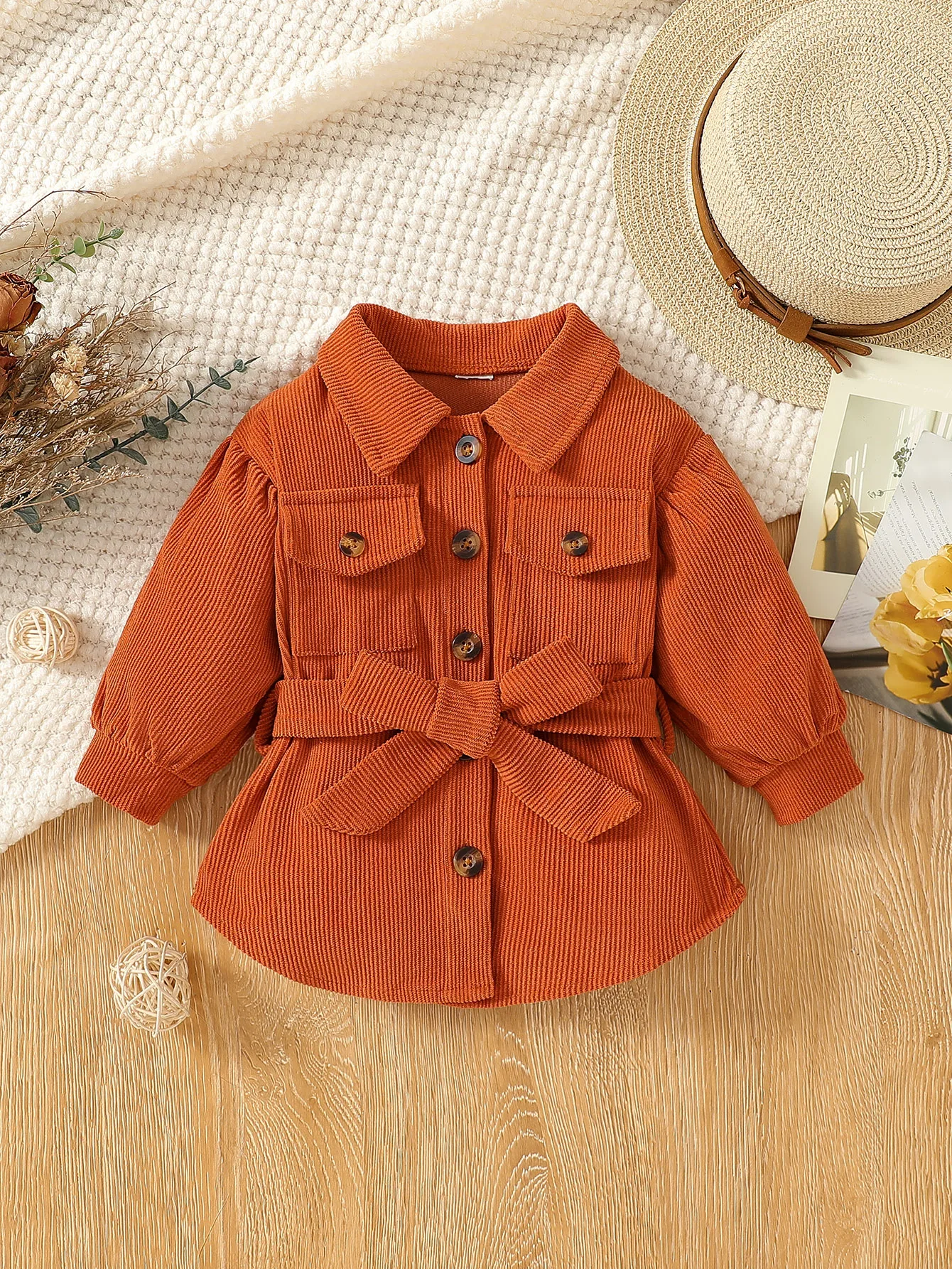 

Baby Girl Autumn Retro Style Orange Corduroy Waist Jacket with Collar and Bubble Sleeves for Daily Street Outfit