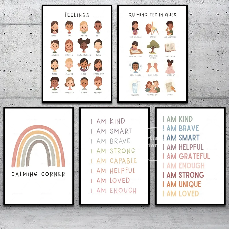 Feelings Calming Techniques Emotions Chart Poster Print Affirmation for Kids Nursery Wall Picture Montessori Homeschool Decor