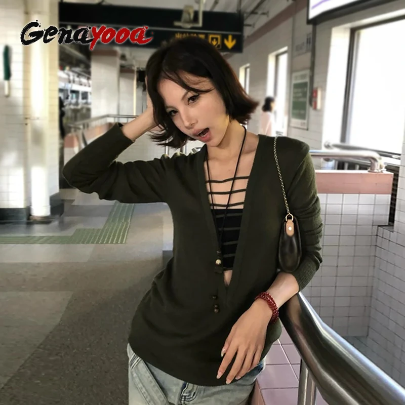 

Genayooa Gothic Vintage Sweater Women Hollow Out Deep V Neck Pullovers Y2k Japanese 2000s Knitwear Grunge Sweaters Streetwear