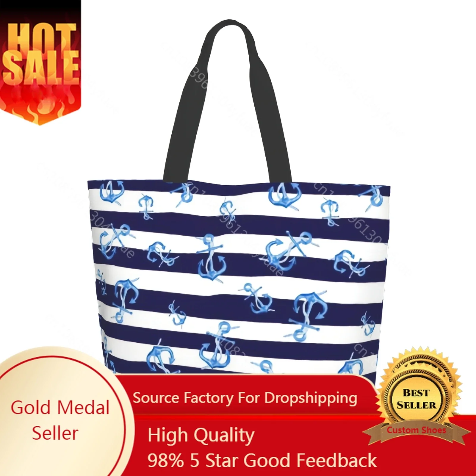 

Tote Bag Kitchen Reusable Grocery Bags Nautical Stripes Printed Shopping Bag for Outdoor