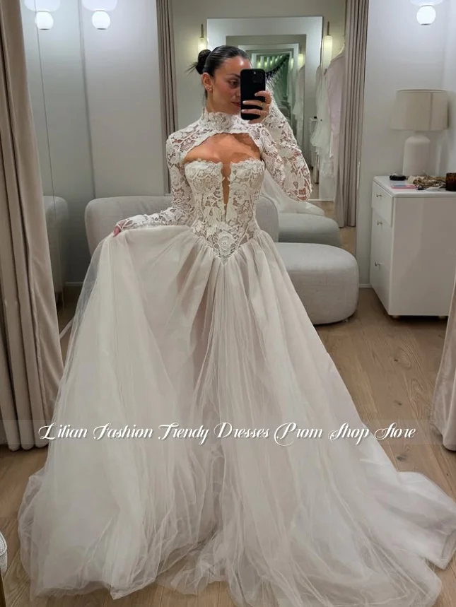 Elfenbeinfarbenes Spitzen-Brautkleid mit V-Ausschnitt, maßgeschneidertes, abnehmbares, langärmliges Brautkleid aus transparentem Tüll, Verlobungskleid, Hochzeitskleid