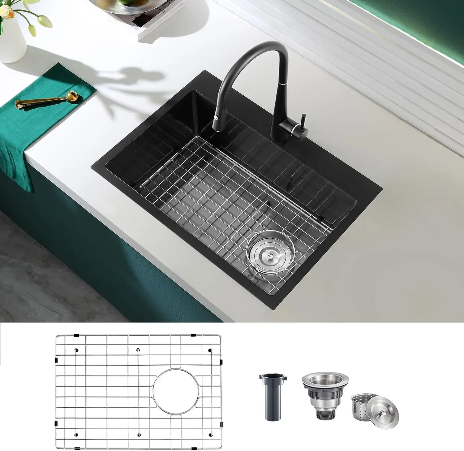 24 inch Drop-in Black Kitchen Sink Single Bowl, Topmount Kitchen Sink with Protective Bottom Grid, Overmount 304 Stainless Steel