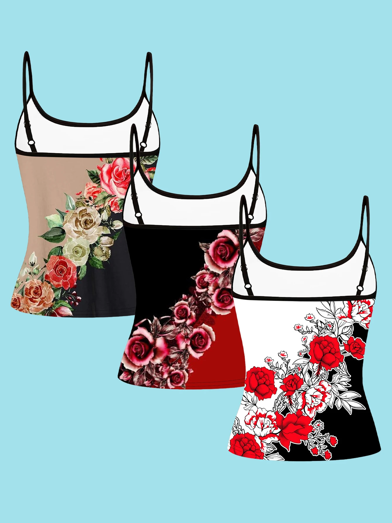 3-Piece Set of Vintage Realistic Rose Patchwork Camisoles, Slim-Fitting and Flattering, Suitable for Layering or Wearing Alone