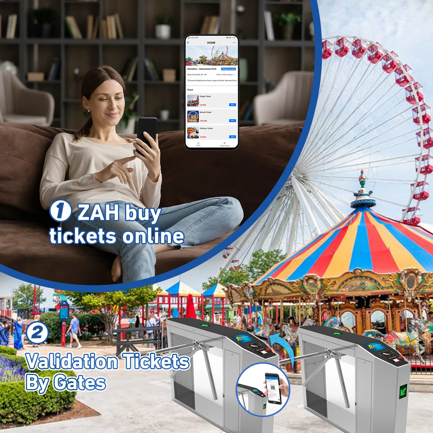 동물원 공원 솔루션을 위한 티켓 이벤트 소프트웨어를 사용하여 전화로 무료 다국어 셀프 서비스 티켓 발권 시스템을 테스트하세요.