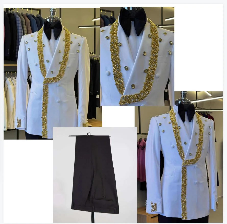 

Stone Crystals White Men Suit Set 2 Piece Blazer+Pant Trousers Customized Formal Office Jacket Groom Wedding Tuxedos Prom Coat