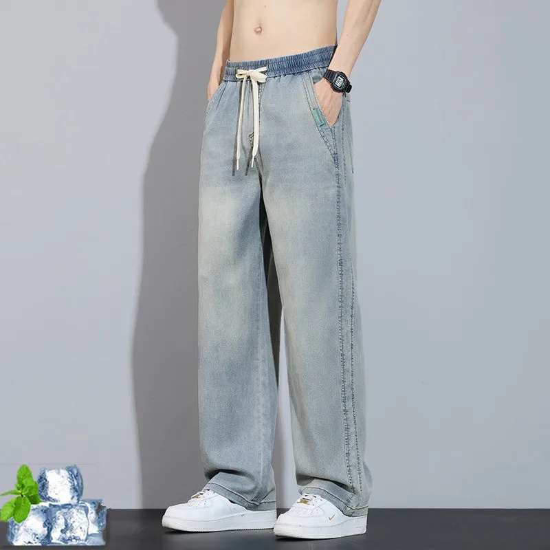 

Мужские летние джинсы с широкими штанинами, тонкие, свободные, прямые, 5XL, из лиоцелла, мягкие, повседневные, модные, удобные, для мужчин и мальчиков, джинсовые брюки