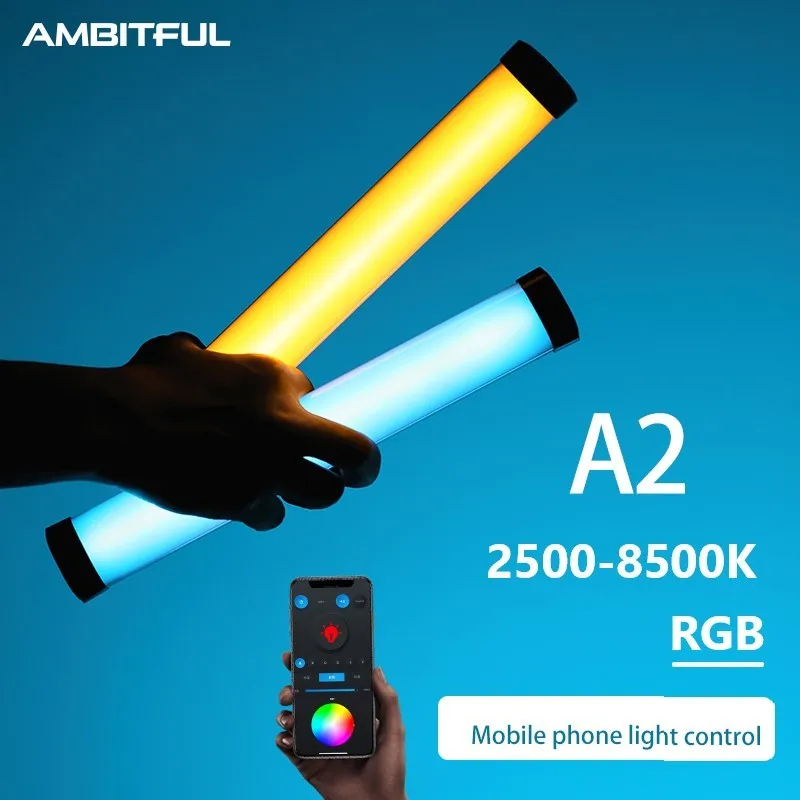 AMBITFUL A2 RGB 2500-8500K RGB LED فيديو عصا أنبوب الضوء، CRI 95+ TLCI 97 +، المدمج في التطبيق بطارية ليثيوم وظيفة المغناطيسي