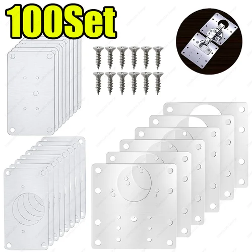 Juego de 2-100 de placa de fijación de bisagra de acero inoxidable, soporte de placa de reparación de bisagra de puerta de gabinete con tornillo de montaje, herramientas para muebles