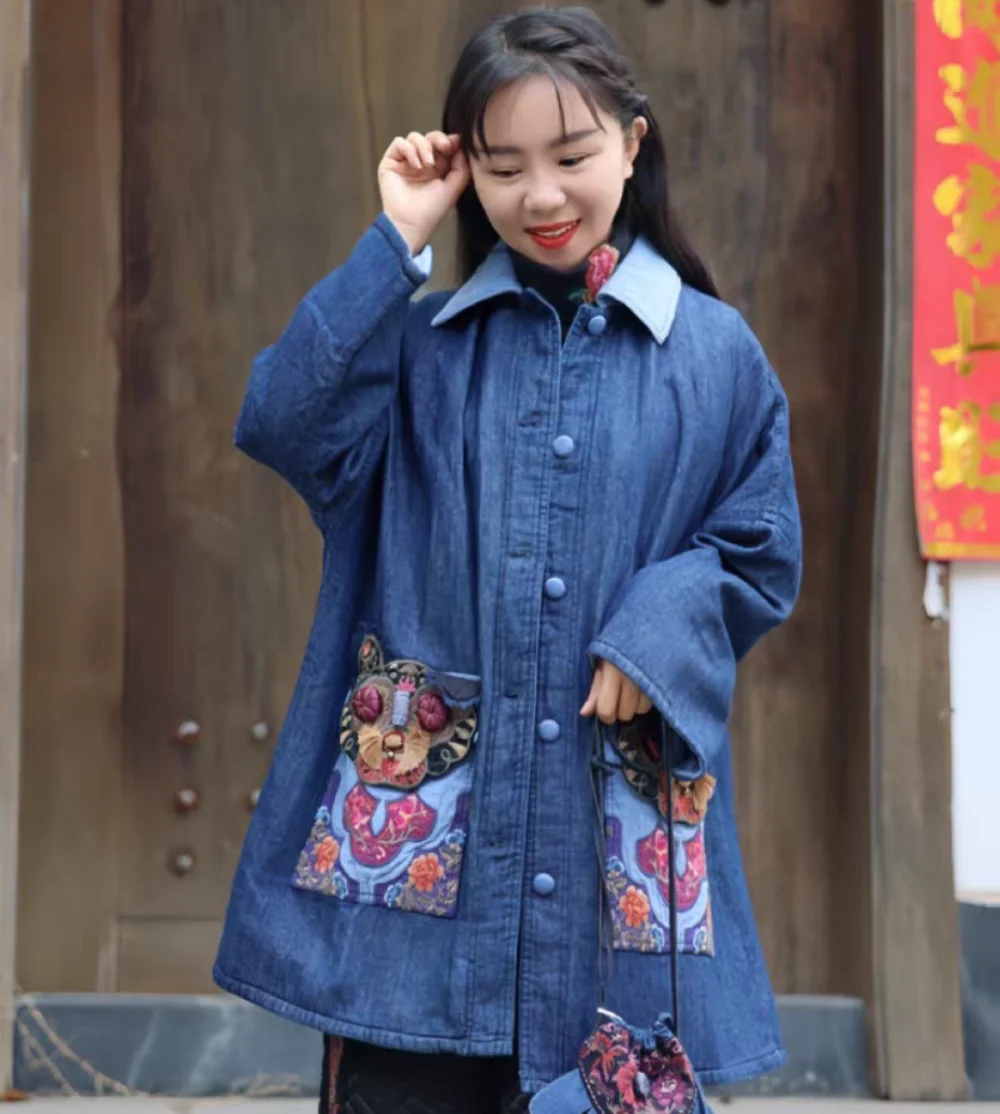 Vintage Blue Denim Linen Cardigan Women's Winter Clothing Padded Jacket Ethnic Style Loose Embroidery Cotton Outerwears