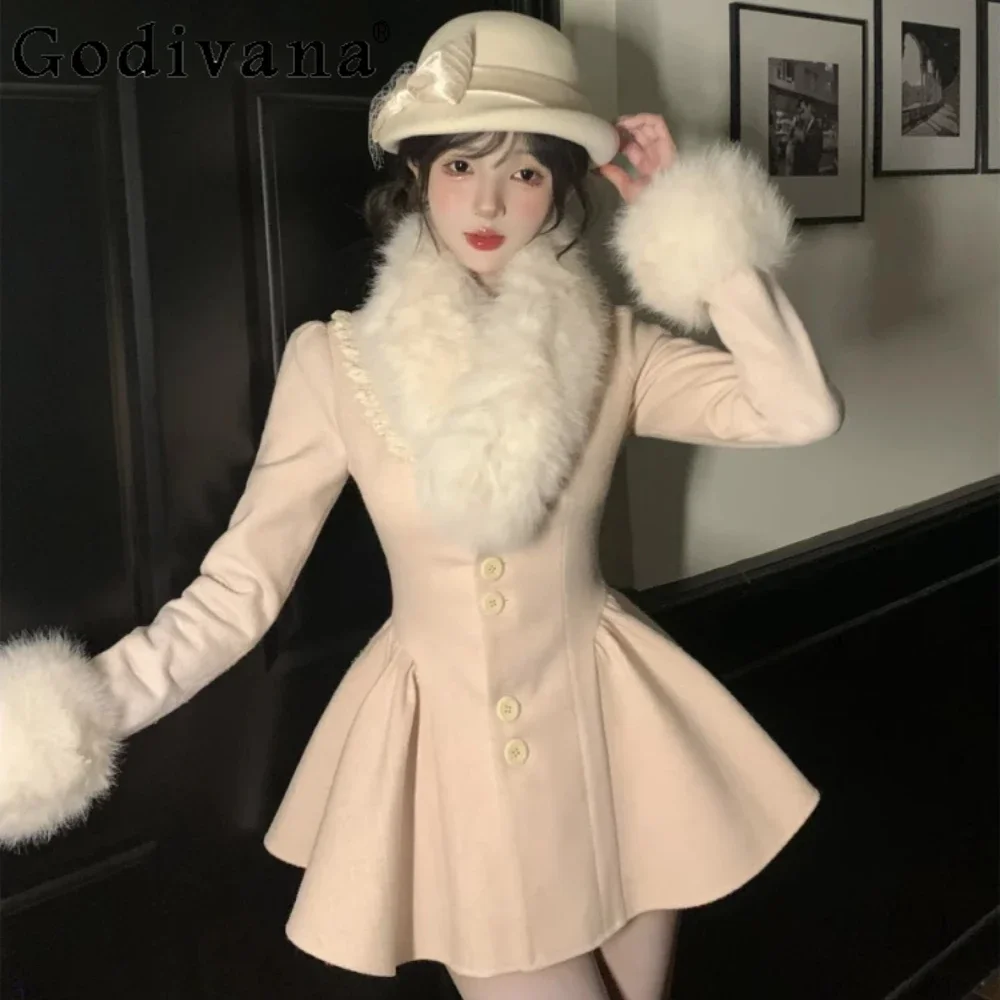 

Sweet Autumn and Winter Kawaii Pink Dress with Fur Collar Princess Warm Dress Women