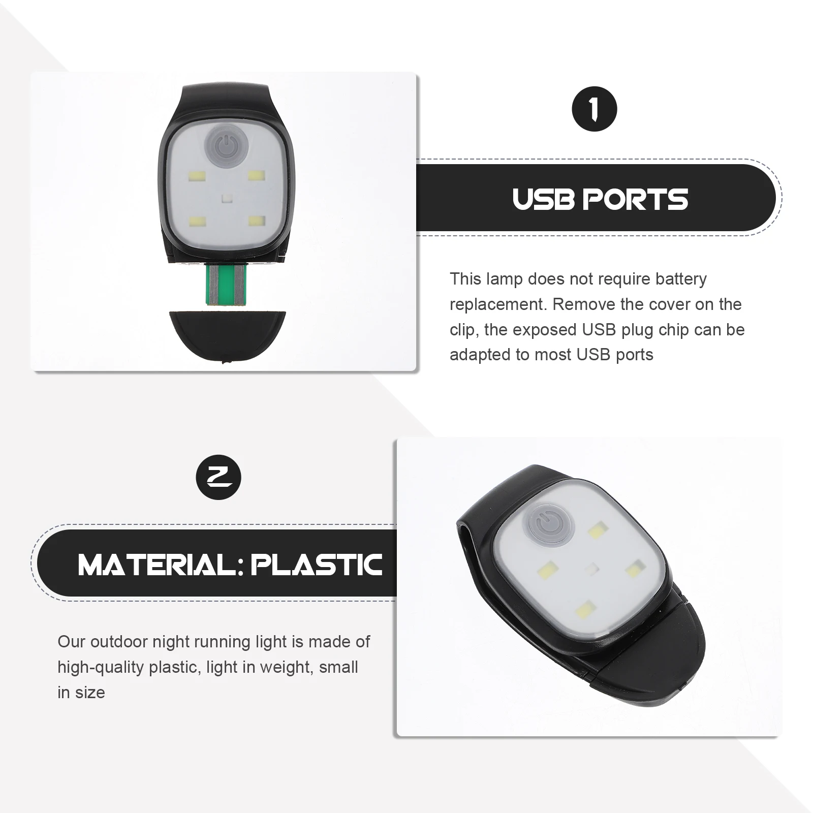 

Plastic Clip Light for Outdoor Running Rechargeable LED Safety Reflective Gear Jogging Night Lights USB Compact Small Size High