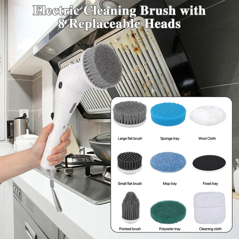 USB Rechargeable Household Kitchen Bathroom Brush Rotating Cleaning Brush 8 In 1 Multifunctional Electric Cleaning Brush