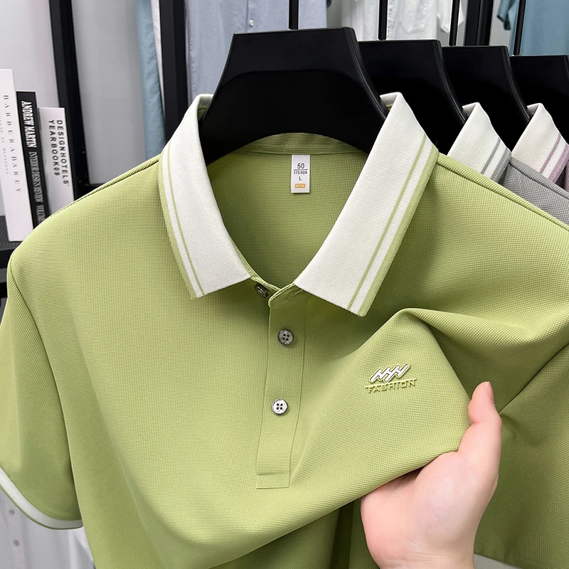 Fashion ice silk breathable short sleeve polo shirt high-end brand men's summer new letters embossed casual luxury lapel T-shirt