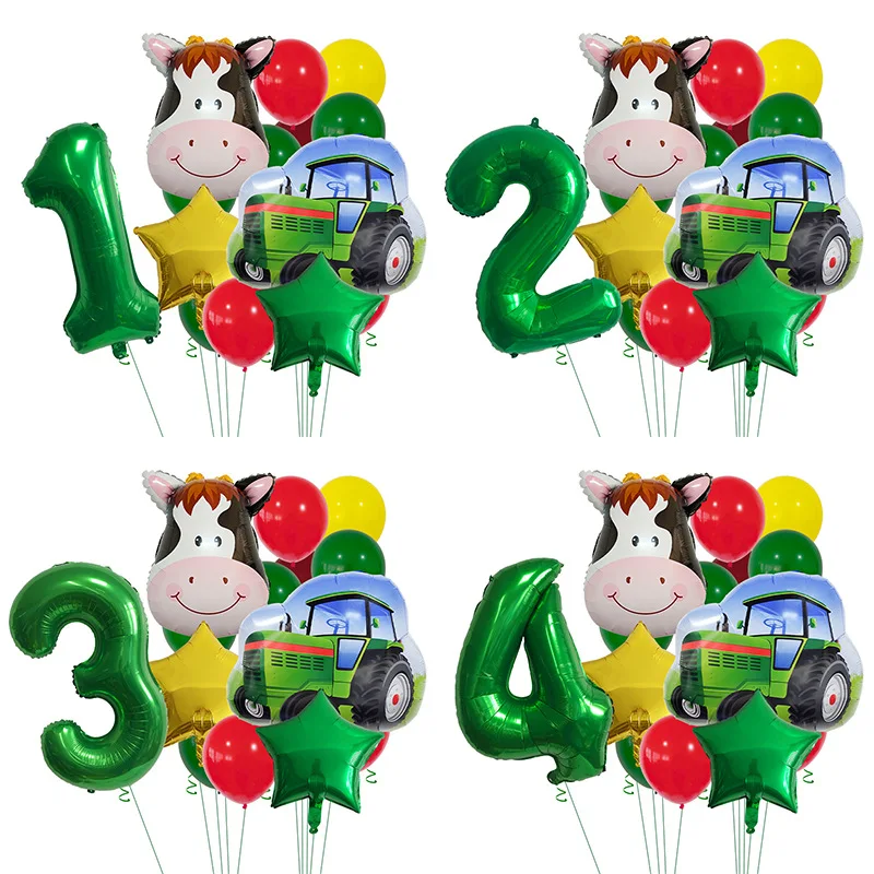 14 Stück Bauernhof-Themen-Traktor-Ballon mit Milchkuhkopf, 32 Zoll, grüne Zahl, Geburtstagsballon-Set, festliche Party-Dekoration, Geburtstagsgeschenk