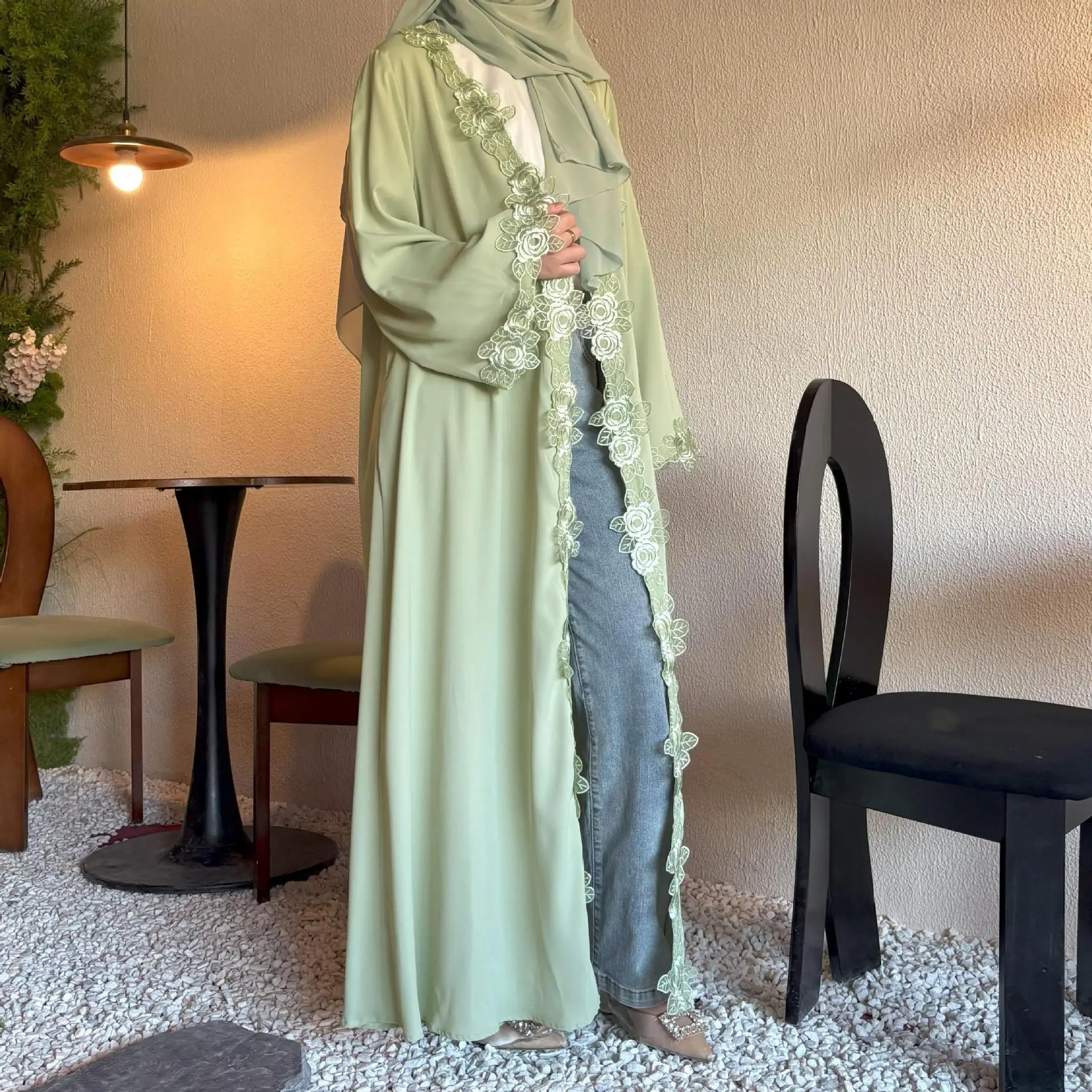 Muslim Women Abaya Middle East Green Lace Jacket Dress Headscarf Simple Dress Floral Robe